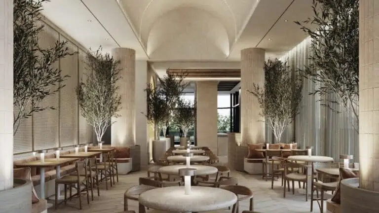 rendering inside a restaurant with bar seating along both vaulted walls