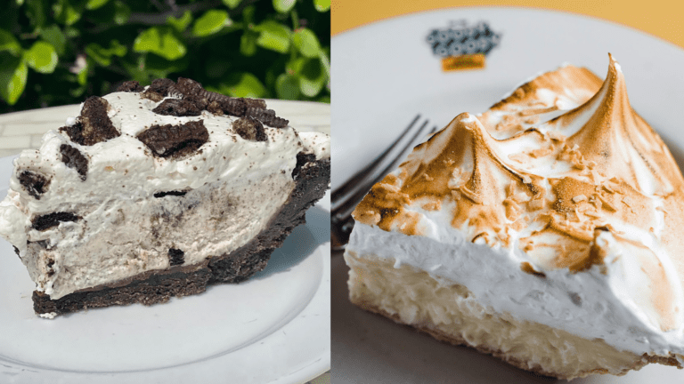 Two slices of pie. One is covered in Oreo crumbs, the other is topped with coconut cream.