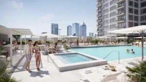 Rendering of pool area with people hanging around