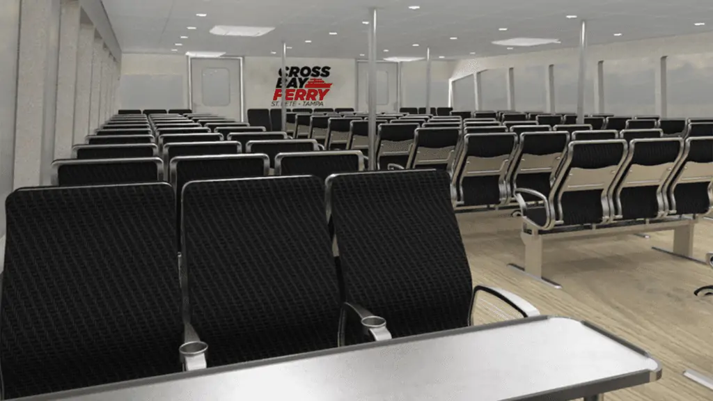 Rendering of the interior of a large ferry vessel with black seats and steel tables
