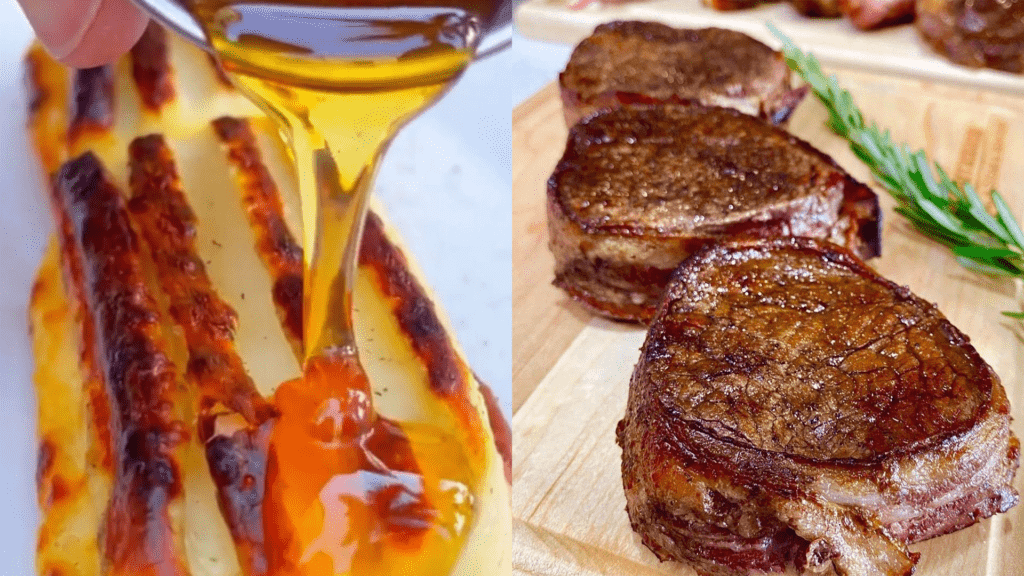 A large cheese stick covered in hot honey, and a cutting board with three steaks arranged on it