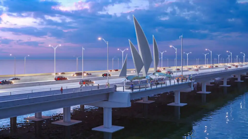 Rendering of a bridge with a large sail sculpture and a pedestrian observation area