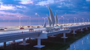 Rendering of a bridge with a large sail sculpture and a pedestrian observation area