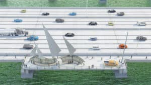 Rendering of a new highway system featuring sail sculptures, pedestrian paths, and cars driving in either direction