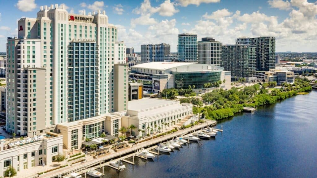 Aerial view of Marriott hotel and Amalie Arena and buildings