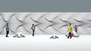 Rendering of a sculpture with 4 people walking through it. The walls are carved to look like waves.