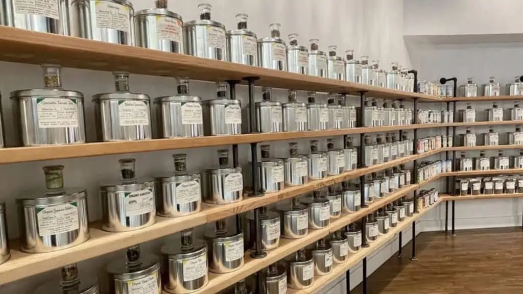 Tea jars lined up across the wall