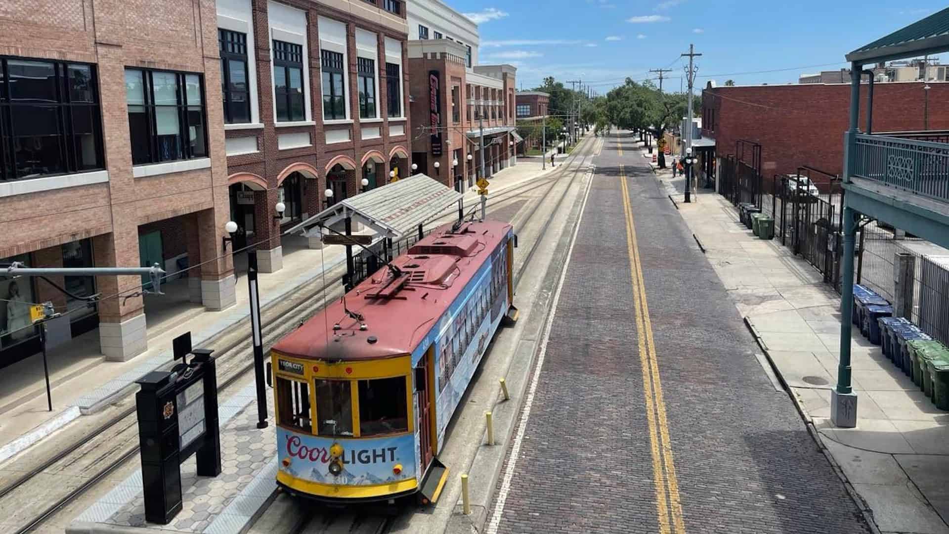 Ybor City trolley in the middle of a street