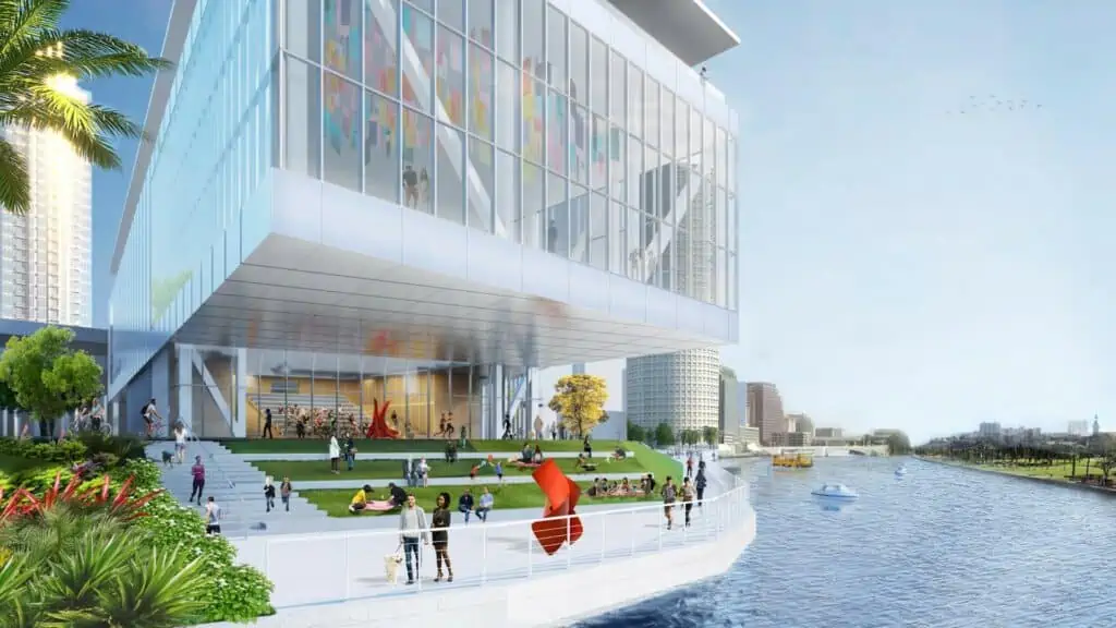 Rendering of a waterfront museum of a second floor observation area, and an outdoor bar