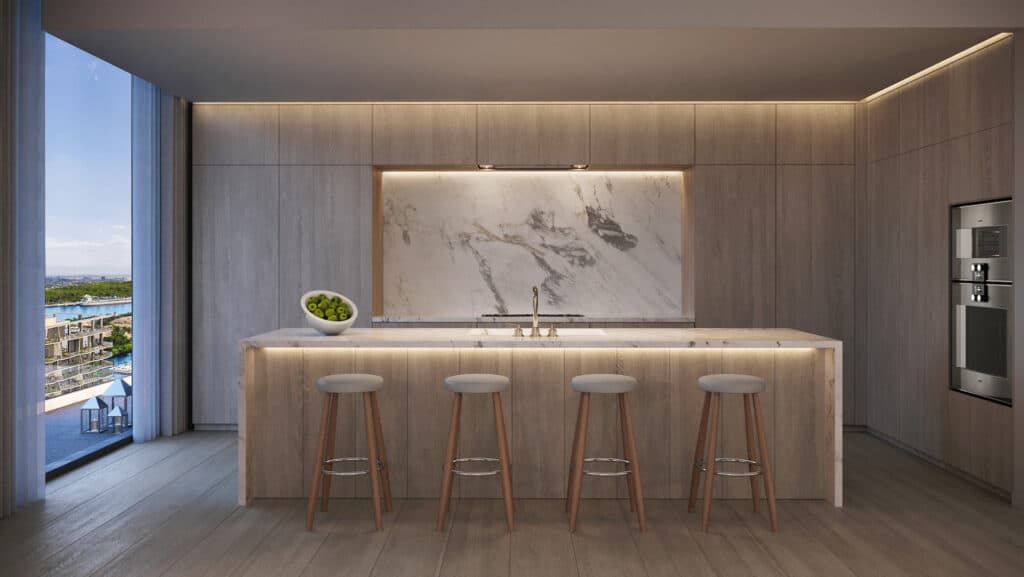 Rendering inside a chic kitchen with bar stools, a bowl of fruit, and a marble wall. 