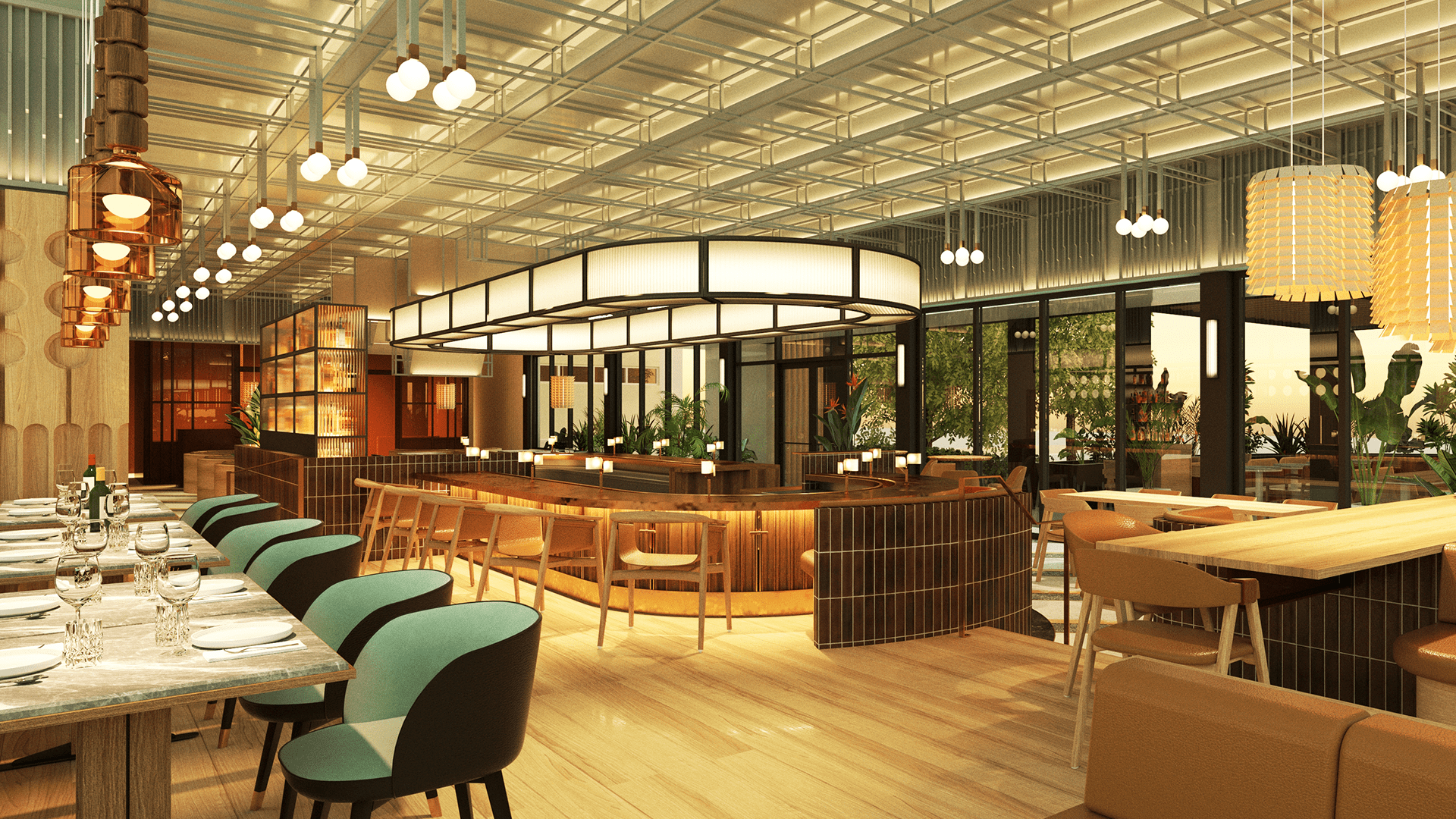 rendering of a well lit cocktail bar and steak house. An oval shaped bar. Multiple tables set up with green chairs.