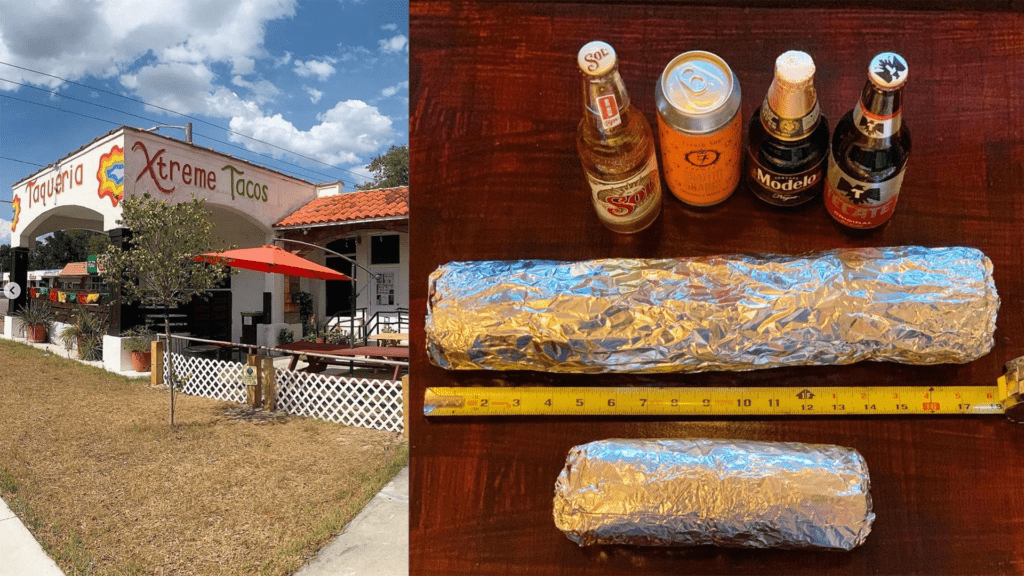 Exterior of restaurant building and burritos next to tape measure and drinks