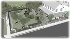 Rendering of aerial view of dog park next to building