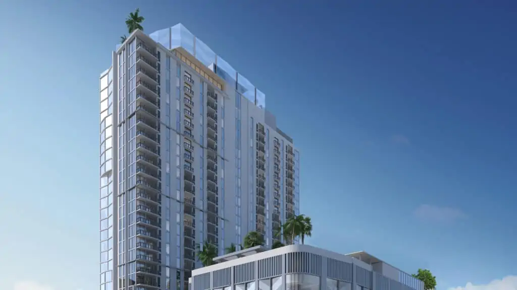 Rendering of a tall building with palm trees visible on the rooftop