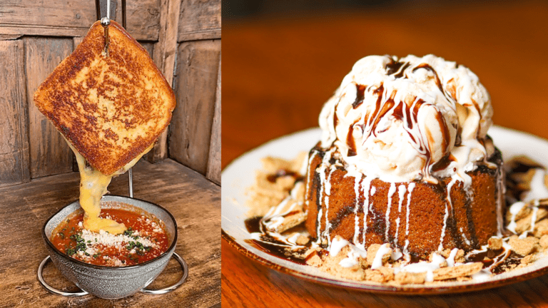 A grilled cheese hanging over a bowl of tomato soup, a piece of cake covered in chocolate sauce and icing topped with a scoop of ice cream and graham cracker crumbles.