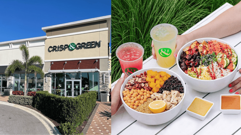 exterior of a restaurant with a green sign, two white bowls filled with grains and fruits next to bright vegan smoothies