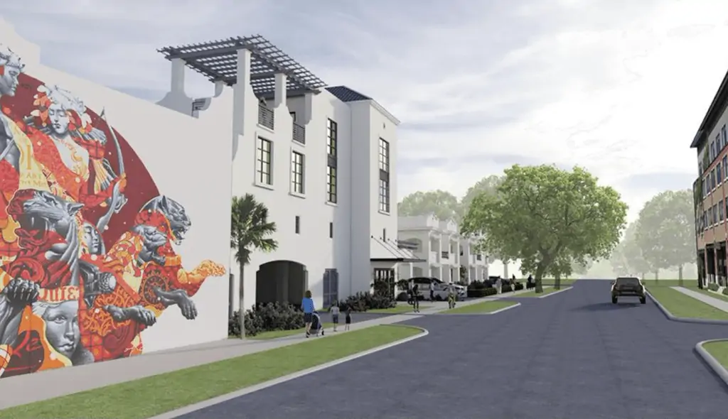 Rendering of a large hotel with a red and orange mural on the large white wall. 