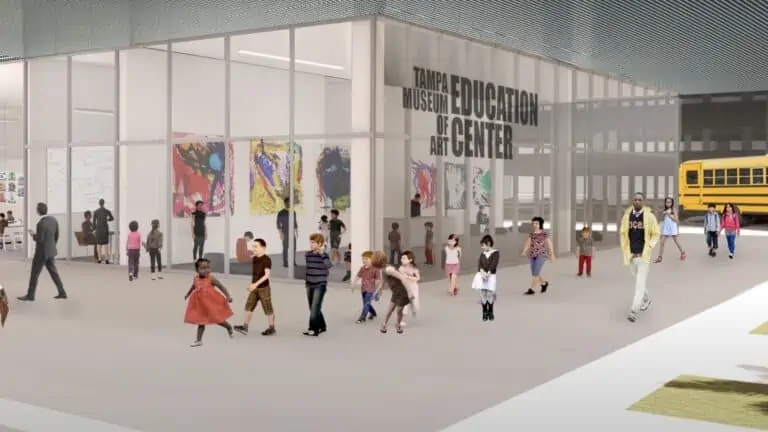 Rendering of an education center with wrap around glass windows and doors. A mural is painted on the window as guests walk around outside the structure.