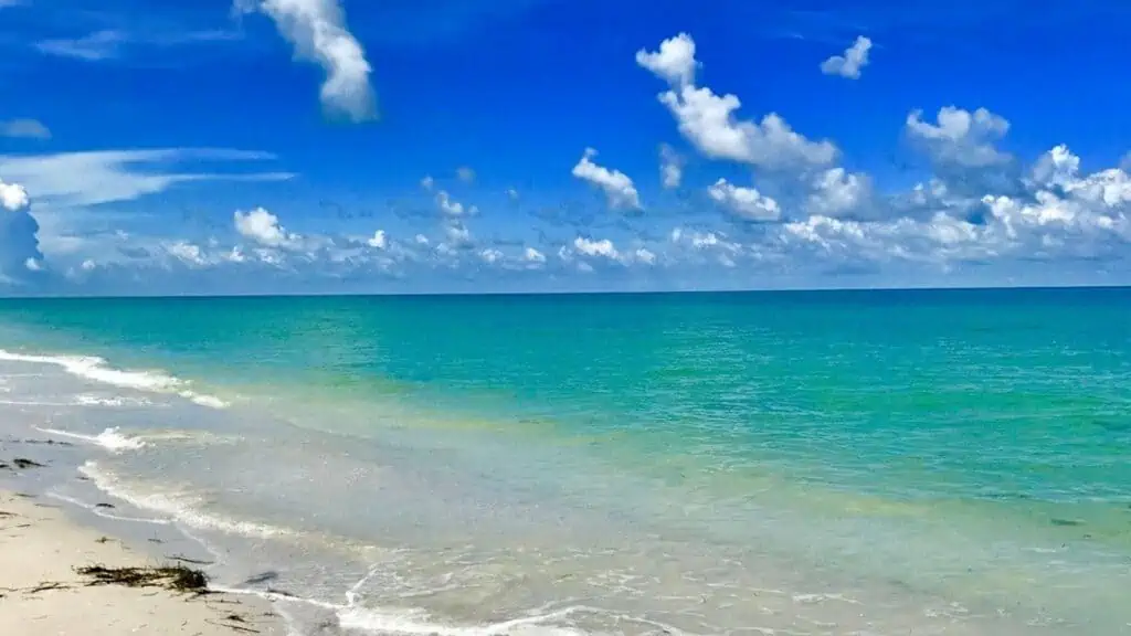 crystal blue water and blue skies as the shore of a white sand beach is visible