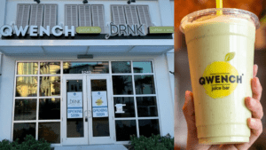 Exterior of a juice bar with a tall glass door, a green smoothie with a yellow label on the front