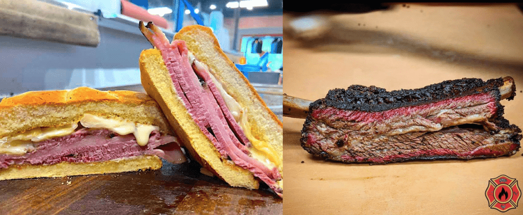 A brisket sandwich and a plate of brisket with charred bark.. 