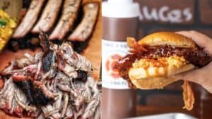 Trays of bbq meats arranged on a plate. A rack of ribs, and a sandwich oozing with bbq sauce