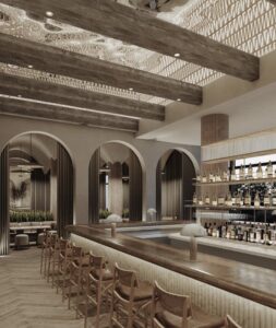 rendering inside a bar with vaulted ceilings and booths