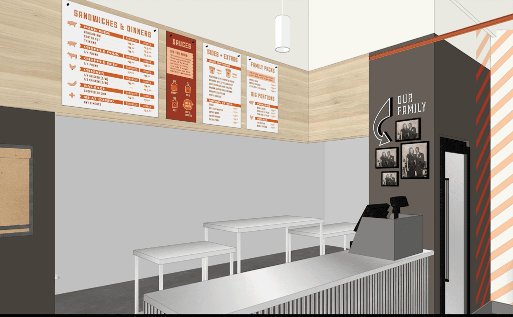 Rendering of a counter inside a bbq restaurant. Black and white photos hang above the register. Menu boards are situated behind the counter. 