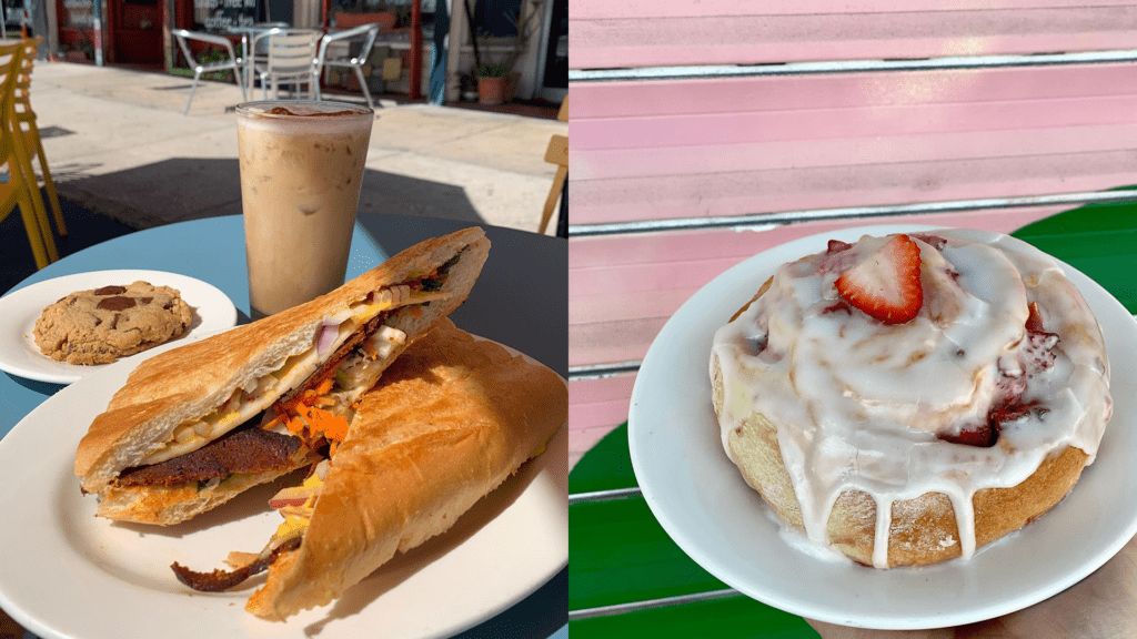 A photo of a pressed sandwich and an iced coffee, next to a photo with a glazed cinnamon roll with a strawberry on top. 