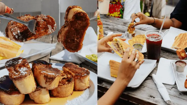 a plate of Cuban bread covered in syrup. A table with several plates on it. A woman holds a halved sandwich on pressed Cuban bread