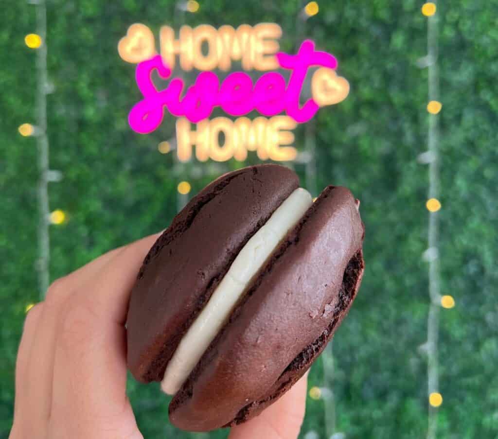 A giant chocolate whoopee pie held in front of an ivy wall. 