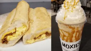 photo of a sandwich with a caramel espresso drink topped with whipped cream on the side