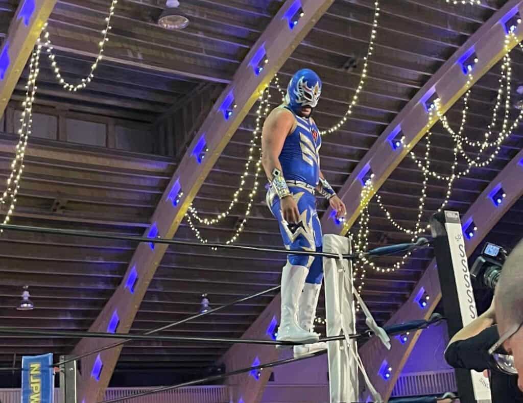 A luchador in a blue costume stands on the top rope of a wrestling ring under string lights. A blue lit archway can be seen in the background. 