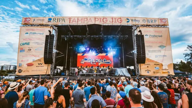 a large stage in an outdoor park with tons of fans surrounding the music area