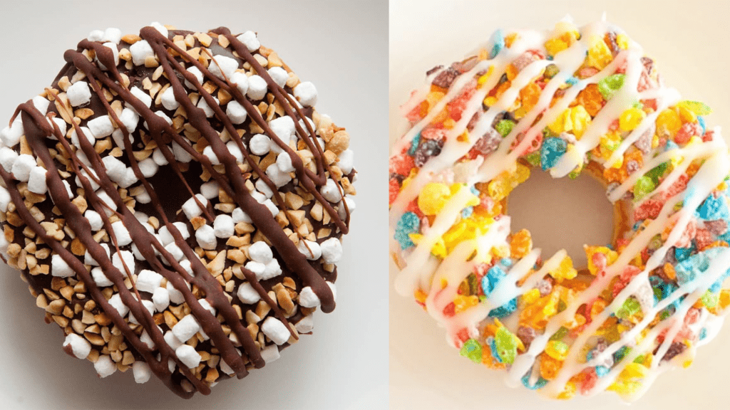 Two topped donuts. One is covered in colorful fruity pebbles. Another is covered in marshmallows. 