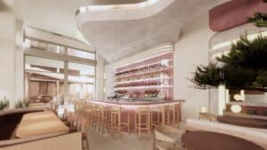 rendering of a restaurant with a full bar and a pink backdrop. A larger tree in a planter rests in the corner.