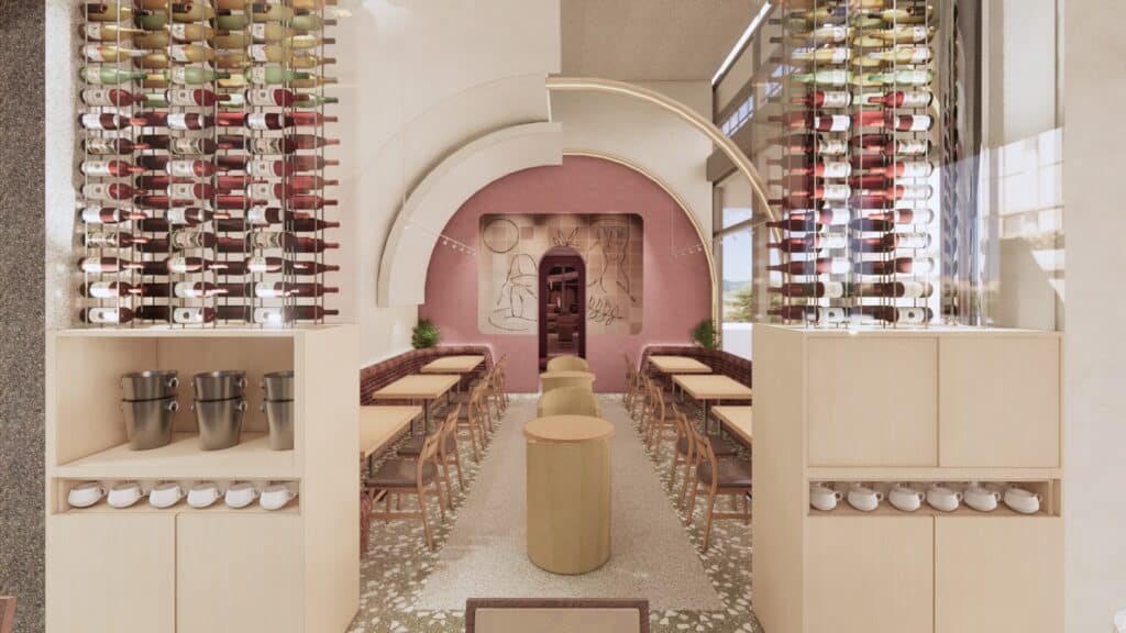 Two rows of wine walls. A mural sits at the far end of the rendering. Circle tables are arranged down the center of the restaurant. 