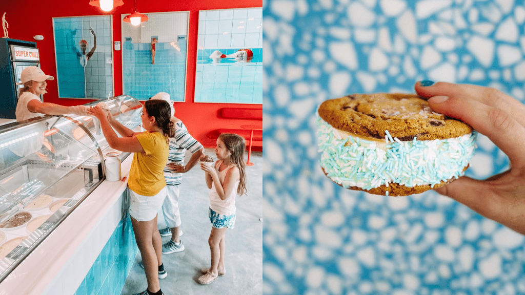 Inside a pristine ice cream shop with orange walls, and blue paintings on the wall