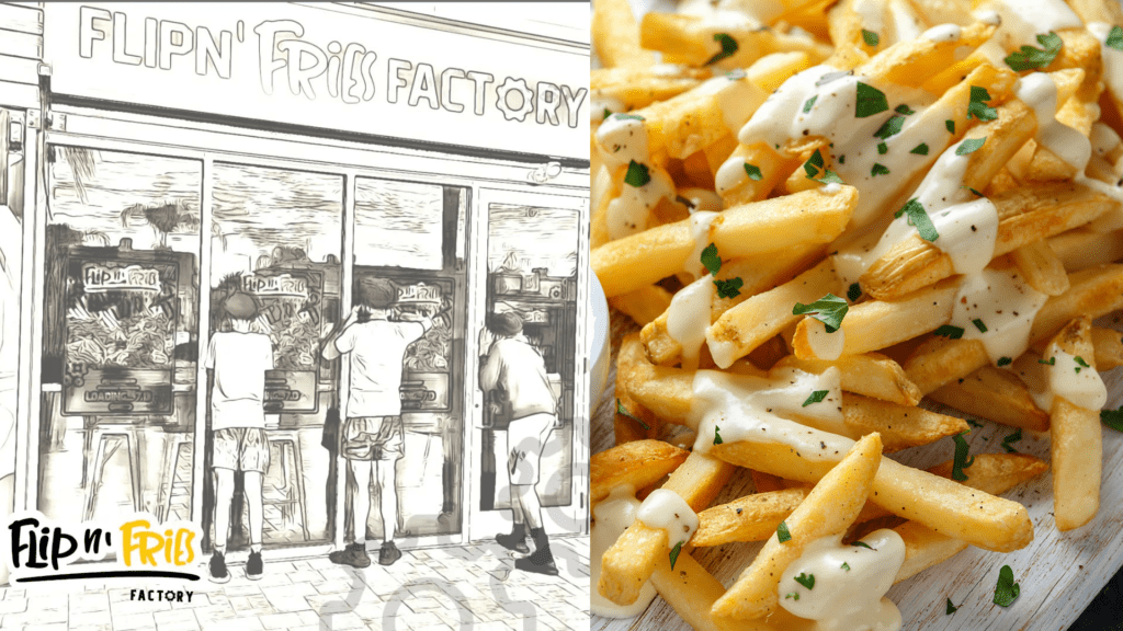 rendering of a shipping container with a French fry logo on the sign, a plate of fries garnished with sauce