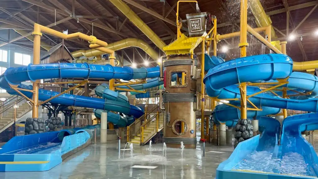 indoor water park with blue slides