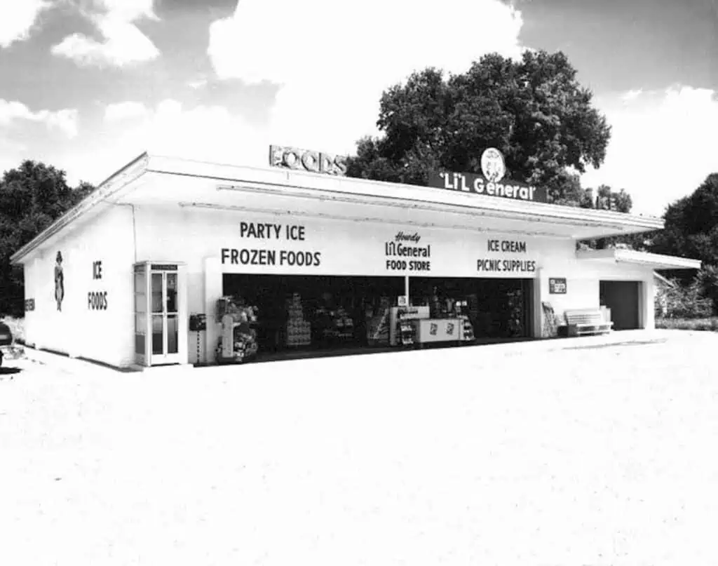 Black and white photo of an old general store. 