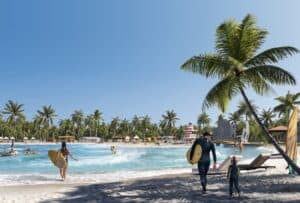 rendering of a surf park. a large crystal blue pool is surrounded by eager surfers. Palm trees are visible.