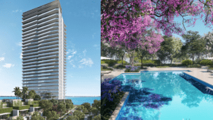 rendering of a tall hotel building and a rendering of an unground pool in a lush garden
