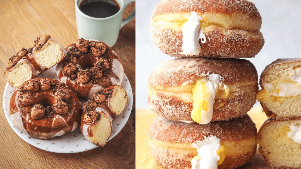 A stack of three filled donuts,