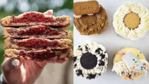 stack of cookies filled with red velvet, assortment of cake donuts topped with cookies