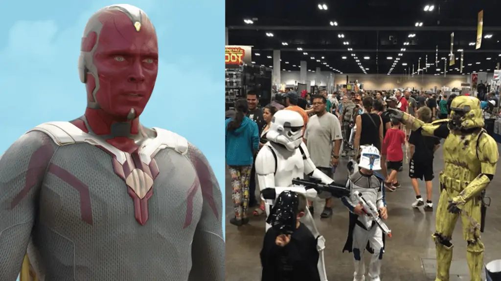 A man in a green skin tight suit and red face paint flies in the sky. A group of people dressed as storm troopers from Star Wars gather in a convention hall