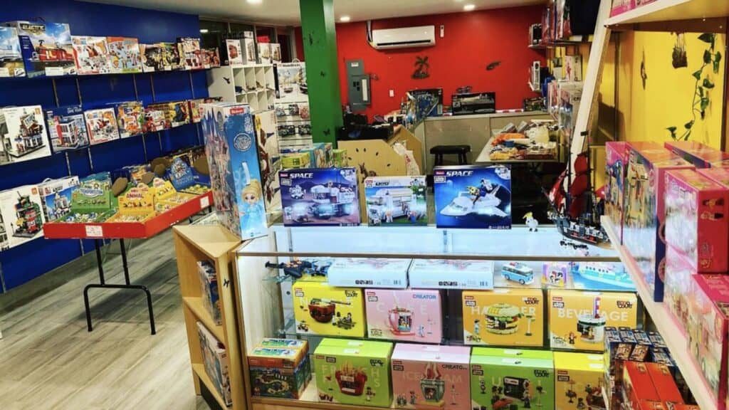 inside a toy store with bricks, legos and more.