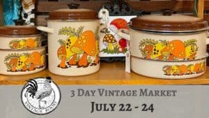 image of vintage pottery with mushrooms on it and event details