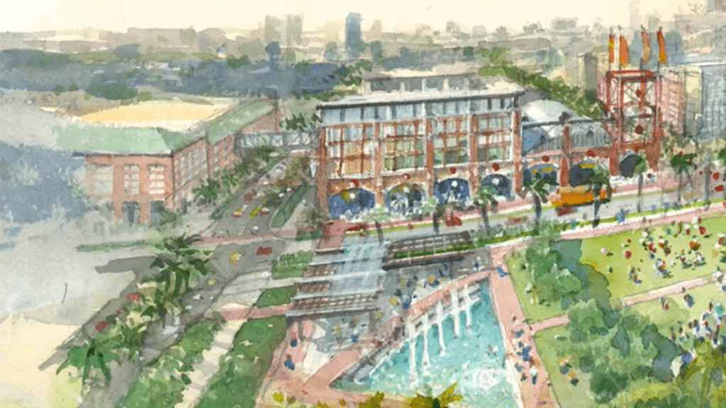 Rendering of a downtown area with a boardwalk, greenery and brick buildings. 