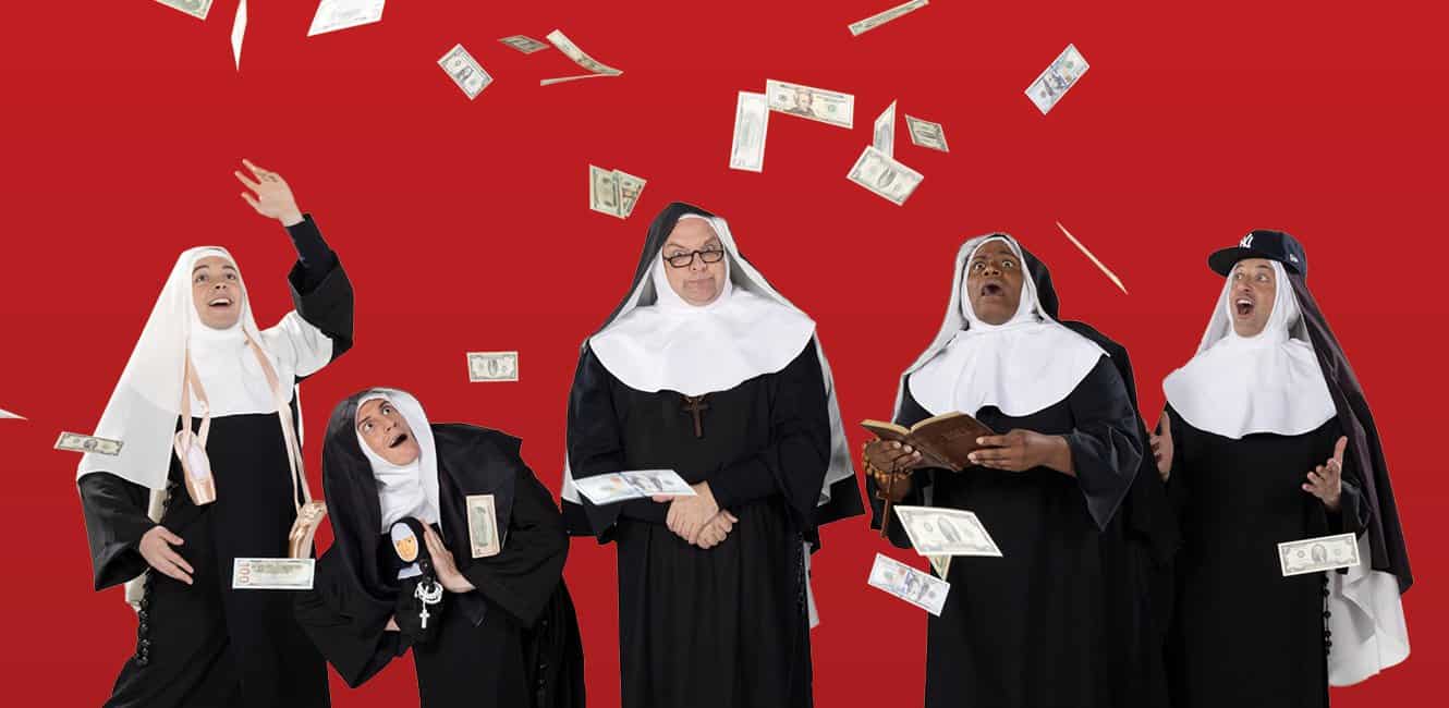 image of nuns with dollar bills raining down on them
